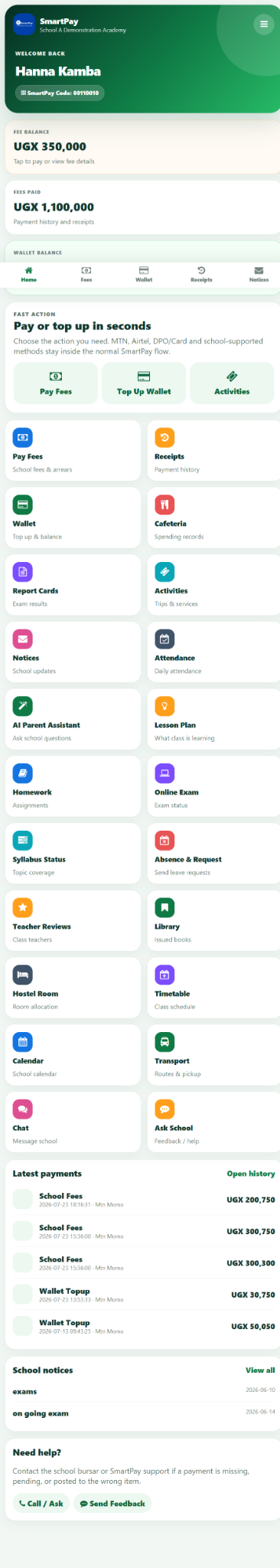 SmartPay parent app dashboard